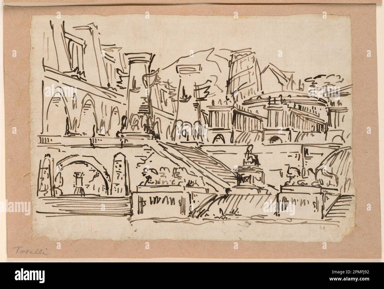 Dessin, Stage Design, Groupe de bâtiments anciens; conçu par Angelo Toselli (vers 1765? – 1826); Italie; stylo et encre sur papier Banque D'Images