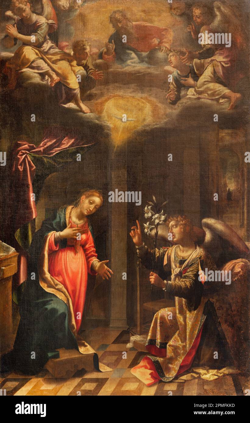 GENOVA, ITALIE - 5 MARS 2023 : le tableau de l'Annonciation dans l'église Chiesa di Santa Maria Maddalena par Aurelio Lomi (1602). Banque D'Images