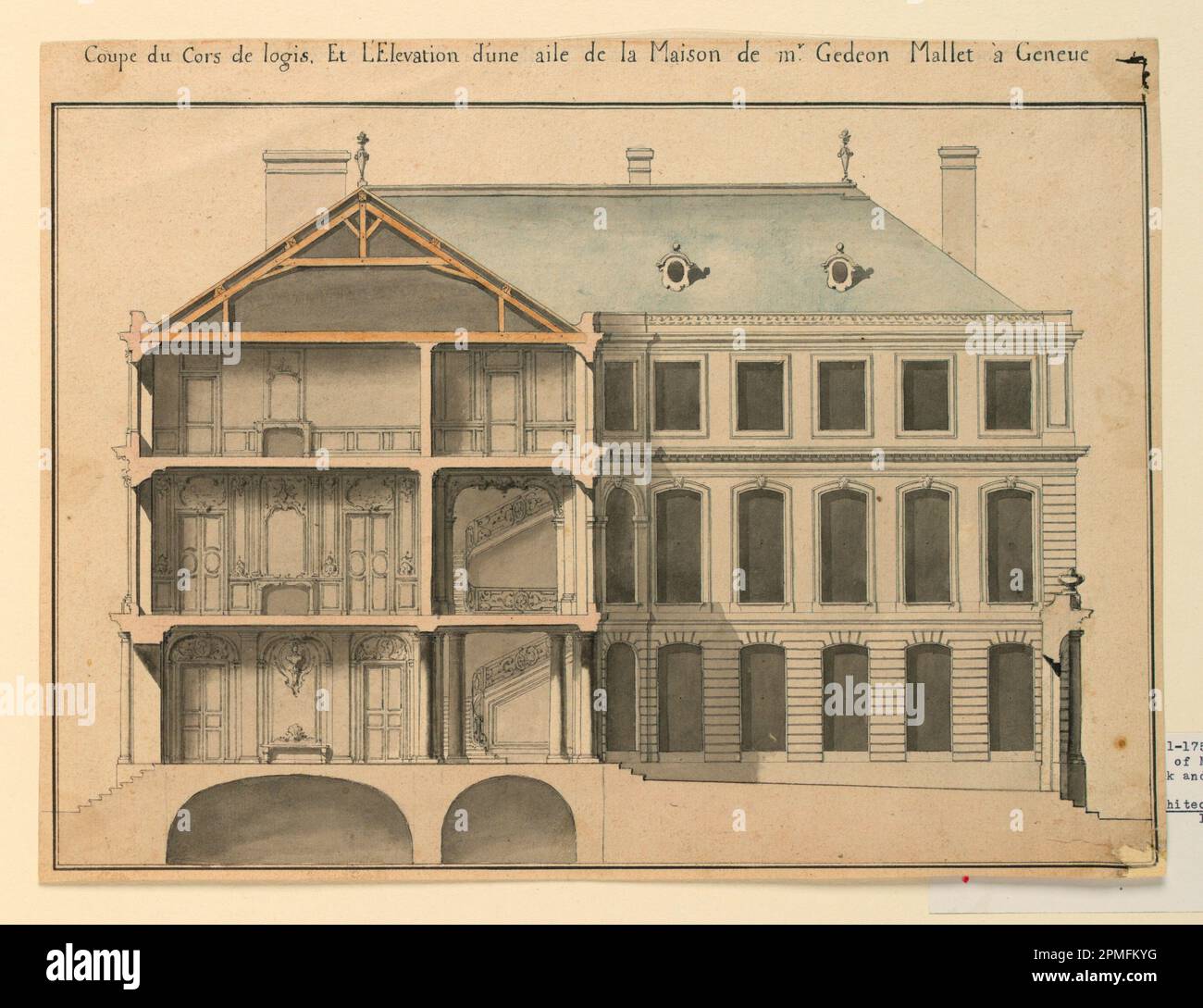 Dessin, élévations principale et latérale de l'aile droite d'une maison pour Monsieur Gédéon Mallet à Genève; François Blondel; France; stylo et encre, pinceau et aquarelle, Graphite sur papier ; tapis : 16 × 22 cm (6 5/16 × 8 11/16 po.) 21,5 × 28,9 cm (8 7/16 × 11 3/8 po) Banque D'Images