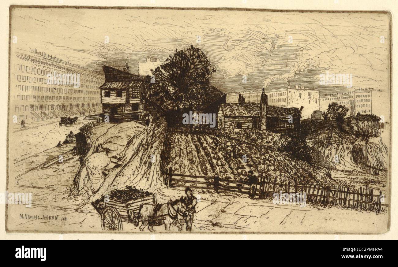 Print, A City Farm, New York; Mary Nimmo Moran (1842 – 1899); États-Unis; gravure à l'encre brune sur papier; Marq. Platemark : 15,2 x 25,7 cm (6 x 10 1/8 po.) Feuille : 28,3 x 38,8 cm (11 1/8 x 15 1/4 po); legs de Ruth B. Moran; 1948-71-7 Banque D'Images