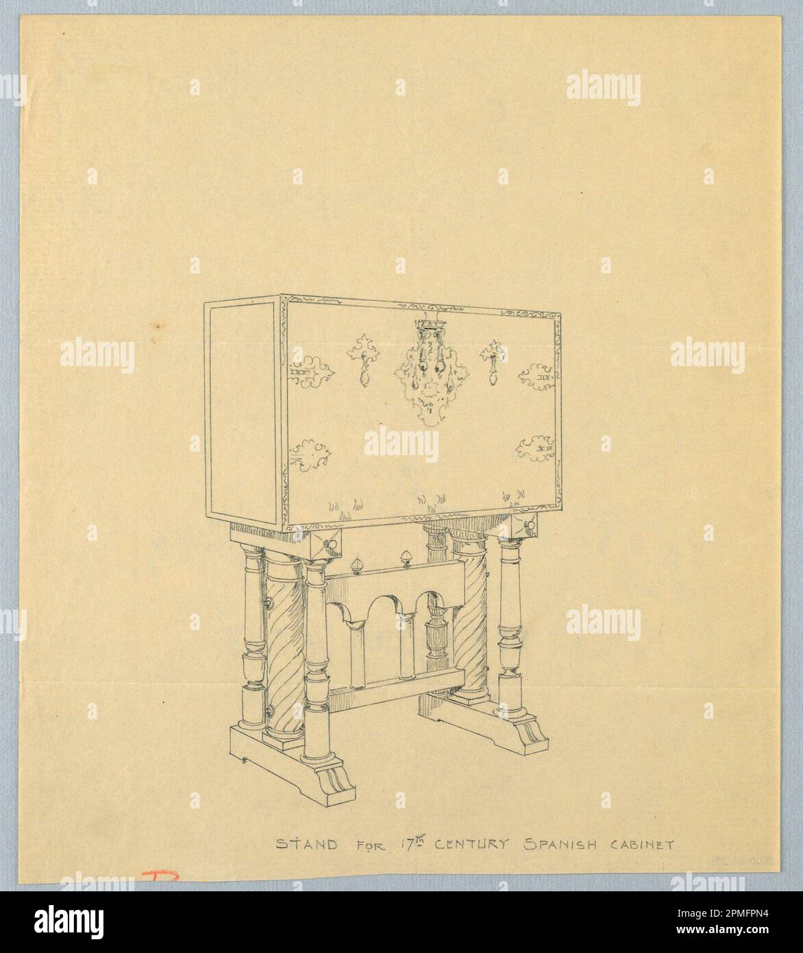 Dessin, conception pour le stand du 17th Century Spanish Cabinet; conçu par A.N. Davenport Co.; graphite sur papier crème mince; 23,5 x 21,0 cm (9 1/4 x 8 1/4 po) Banque D'Images