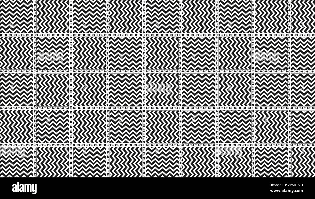 Ensemble de carrés entourés de cercles et de lignes brisées à l'intérieur, en noir et blanc Banque D'Images