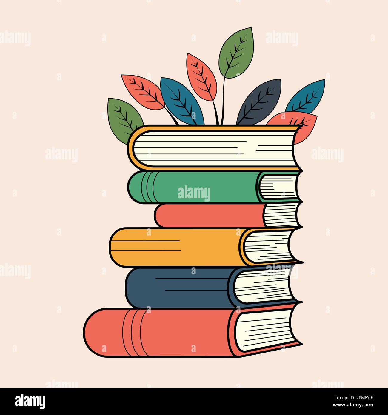 Pile de livres et de feuilles sur fond pastel Peach. Illustration de Vecteur