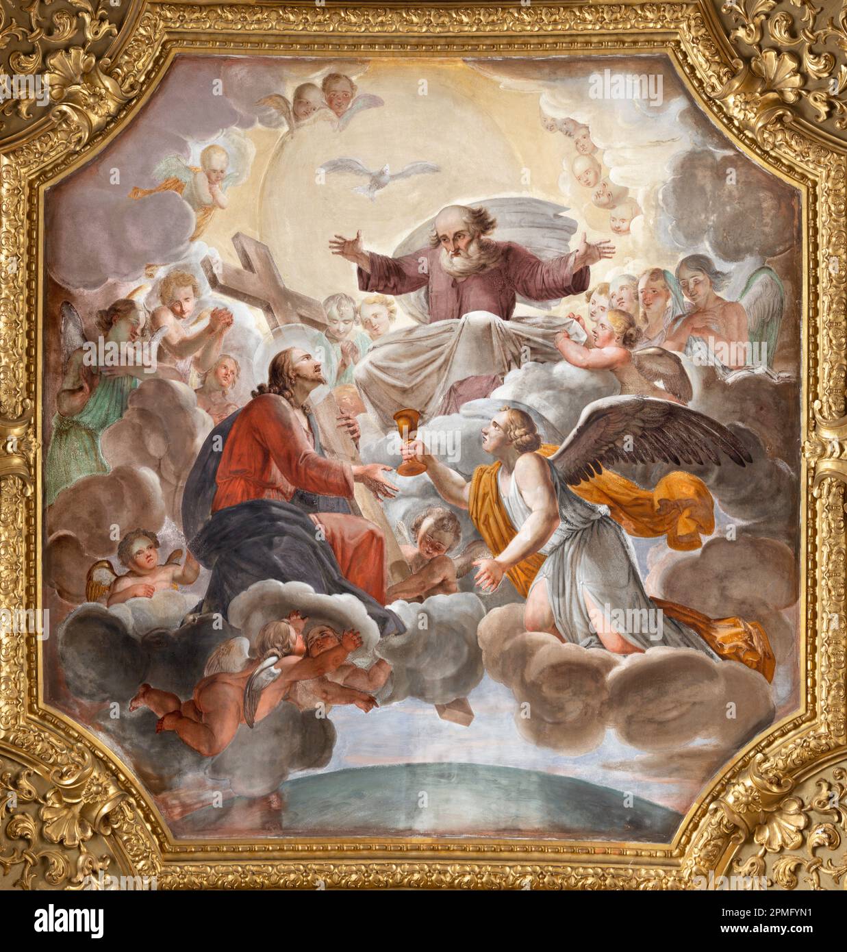 GENOVA, ITALIE - 5 MARS 2023 : la fresque Dieu le Père accepte Jésus sacrifice dans l'église Basilique de Santa Maria delle Vigne de 18 à 19. cent. Banque D'Images