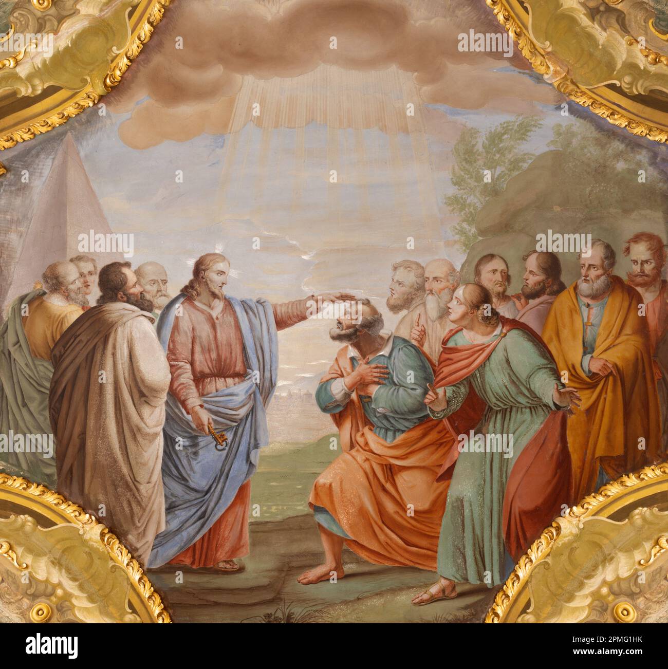 GENOVA, ITALIE - 5 MARS 2023: La fresque Jésus a signé les clés de Pierre dans l'église Basilique de Santa Maria delle Vigne par Giuseppe Passano. Banque D'Images GENOVA, ITALIE - 5 MARS 2023: La fresque Jésus a signé les clés de Pierre dans l'église Basilique de Santa Maria delle Vigne par Giuseppe Passano. Banque D'Images