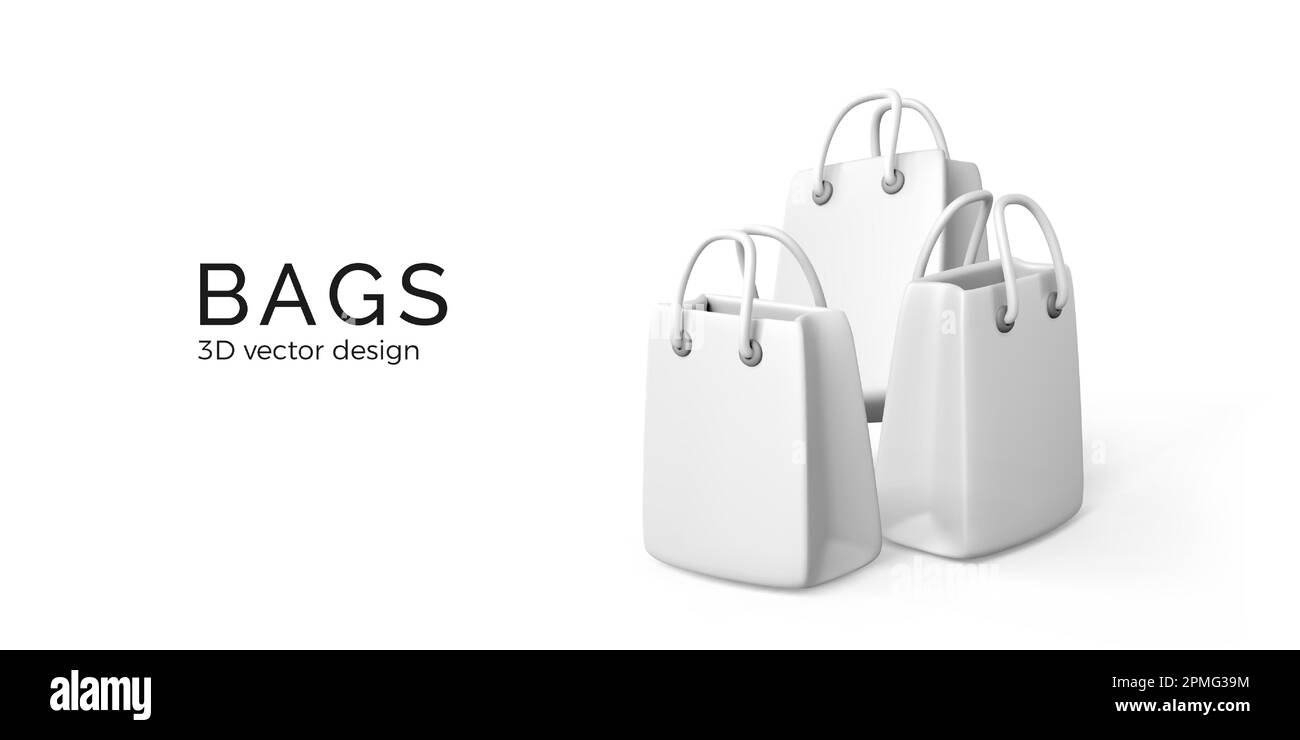 Sacs blancs en carton. Bannière commerciale professionnelle. 3D objets en dessin animé réaliste. Vecteur Illustration de Vecteur