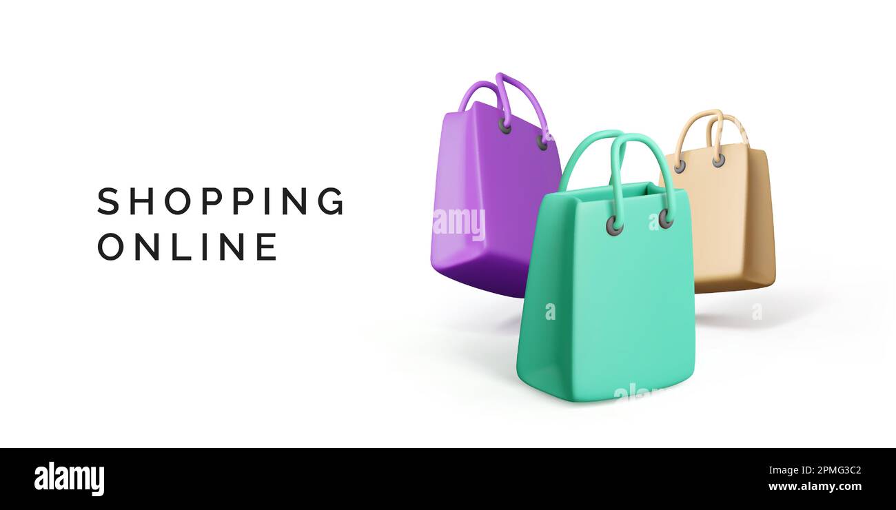 Sacs à provisions colorés de style 3D. Bannière d'affaires pour les offres de remise et les ventes méga. Illustration vectorielle Illustration de Vecteur