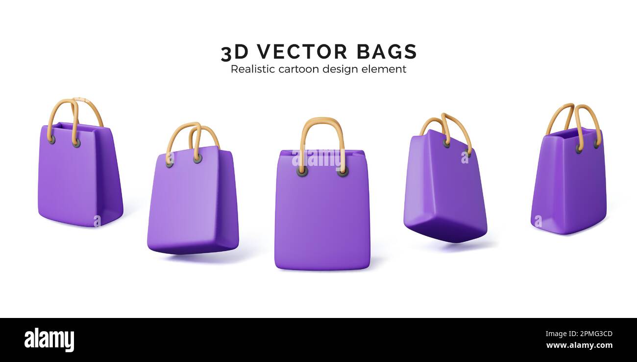 Lot de 3D sacs à provisions réalistes. Sac à main violet tendance avec poignées jaunes. Modèle de package de marché. Illustration vectorielle isolée sur fond blanc Illustration de Vecteur