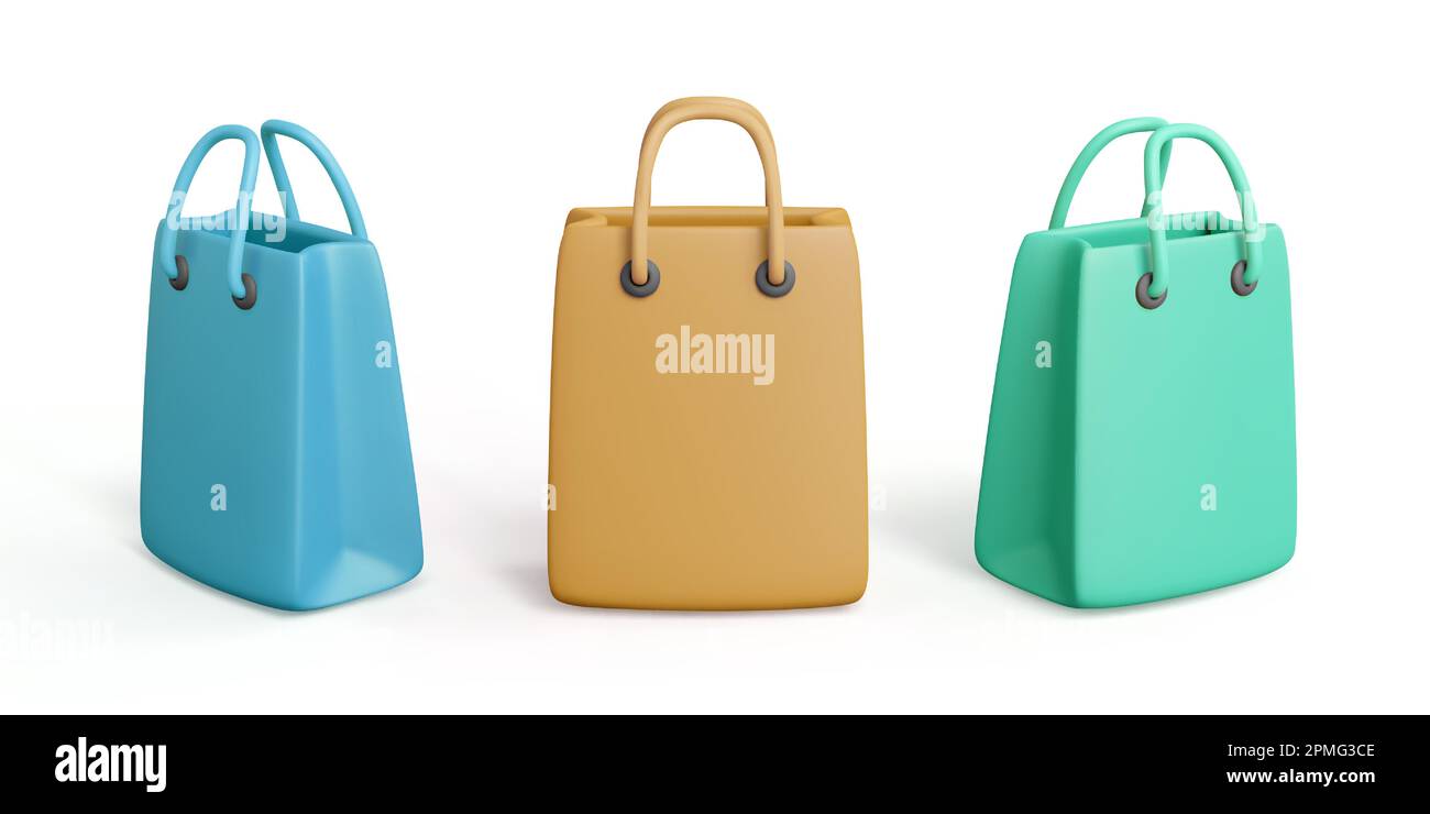 Sac à provisions 3D. Emballage cadeau en carton de couleur dans un style de dessin animé réaliste. Illustration vectorielle Illustration de Vecteur
