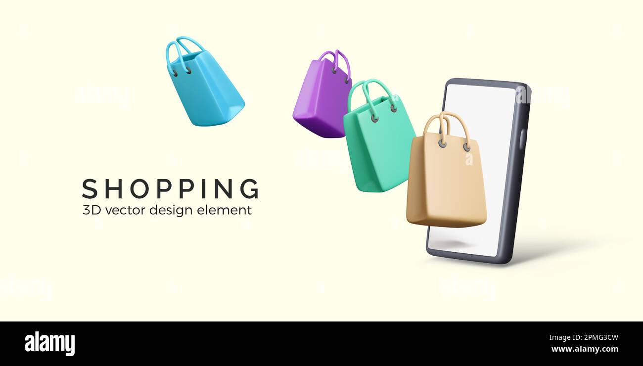 Concept d'achat en ligne. Smartphone et sacs de shopping. 3D dessin animé. Boutique et service de livraison en ligne d'applications mobiles. Illustration vectorielle Illustration de Vecteur