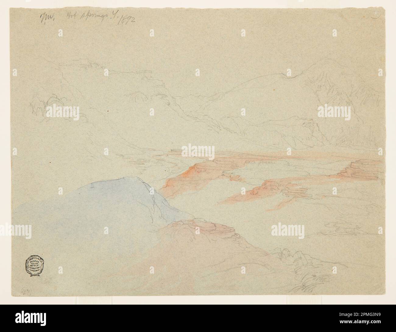 Drawing, Hot Springs, Yellowstone; Thomas Moran (américain, n. Britain, 1837–1926) ; États-Unis ; brosse et lavage bleu clair et rouge, graphite sur papier vélin gris ; 25 x 32,5 cm (9 13/16 x 12 13/16 po) Banque D'Images