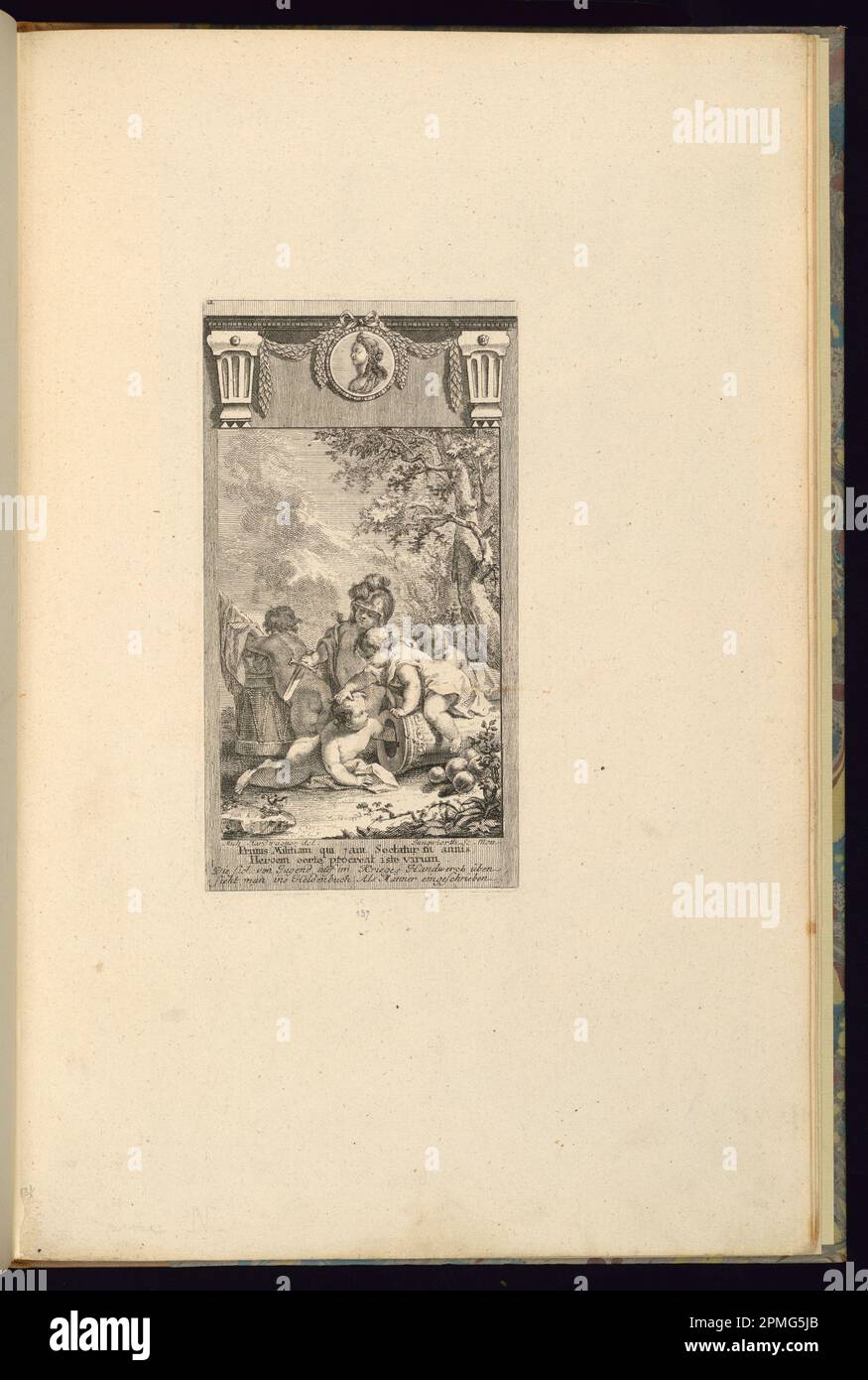 Imprimé, dessin pour un livre Illustration avec des enfants jouant avec un canon; conçu par Michael Hartwagner (allemand, d. 1776); gravé par Franz Xaver Andreas Jungwierth (allemand, 1720–1790); publié par François de Cuvilliés le jeune (allemand, 1731 - 1777); Allemagne; gravure et gravure sur papier blanc cassé; Platemark: 21,5 x 11,6 cm (8 7/16 x 4 9/16 po) Feuille : 44 x 28,6 cm (17 5/16 x 11 1/4 po) Banque D'Images