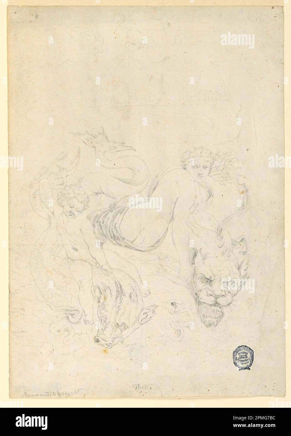 Dessin, Thetis and Cupid Riding Fish; Fortunato Duranti (italien, 1787 - 1863); Italie; graphite sur papier; 30,7 × 21,8 cm (12 1/16 × 8 9/16 po) Banque D'Images