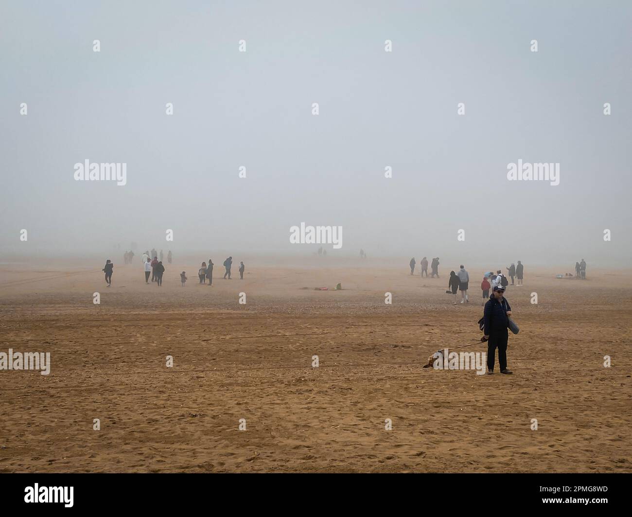 East Sussex, Angleterre, le 2023 avril, vue de certaines personnes sur Camber Sands Beach par une journée de brouillard Banque D'Images
