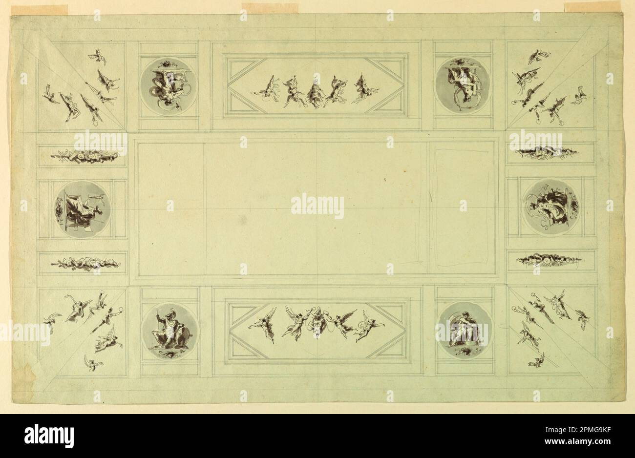 Dessin, Palazzo Quirinale, Rome; Felice Giani (italien, 1758–1823); Italie ; encre stylo et gris foncé, lavage gris, lignes de craie noires prises en charge : papier vélin vert-beige clair ; 36,7 x 57,6 cm (14 7/16 x 22 11/16 po) Tapis : 40,6 x 55,9 cm (16 x 22 po) Banque D'Images
