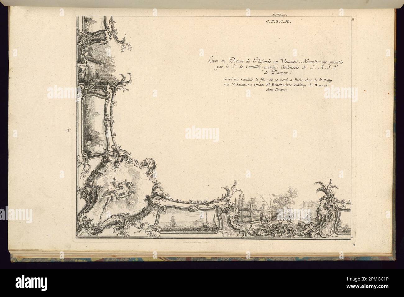 Imprimé, Design for a Quarter of a Ceiling; conçu par François de Cuvilliés l'ancien (belge, active Allemagne, 1695 - 1768); gravé par Karl Albert von Lespilliez (1723–1796); publié par Nicolas Jean Baptiste de Poilly (France, 1712 – ca. 1758); Allemagne; gravure et gravure sur papier blanc cassé; Marque de plateau: 32,5 x 26,7 cm (12 13/16 x 10 1/2 po.) Feuille : 44 x 28,6 cm (17 5/16 x 11 1/4 po) Banque D'Images