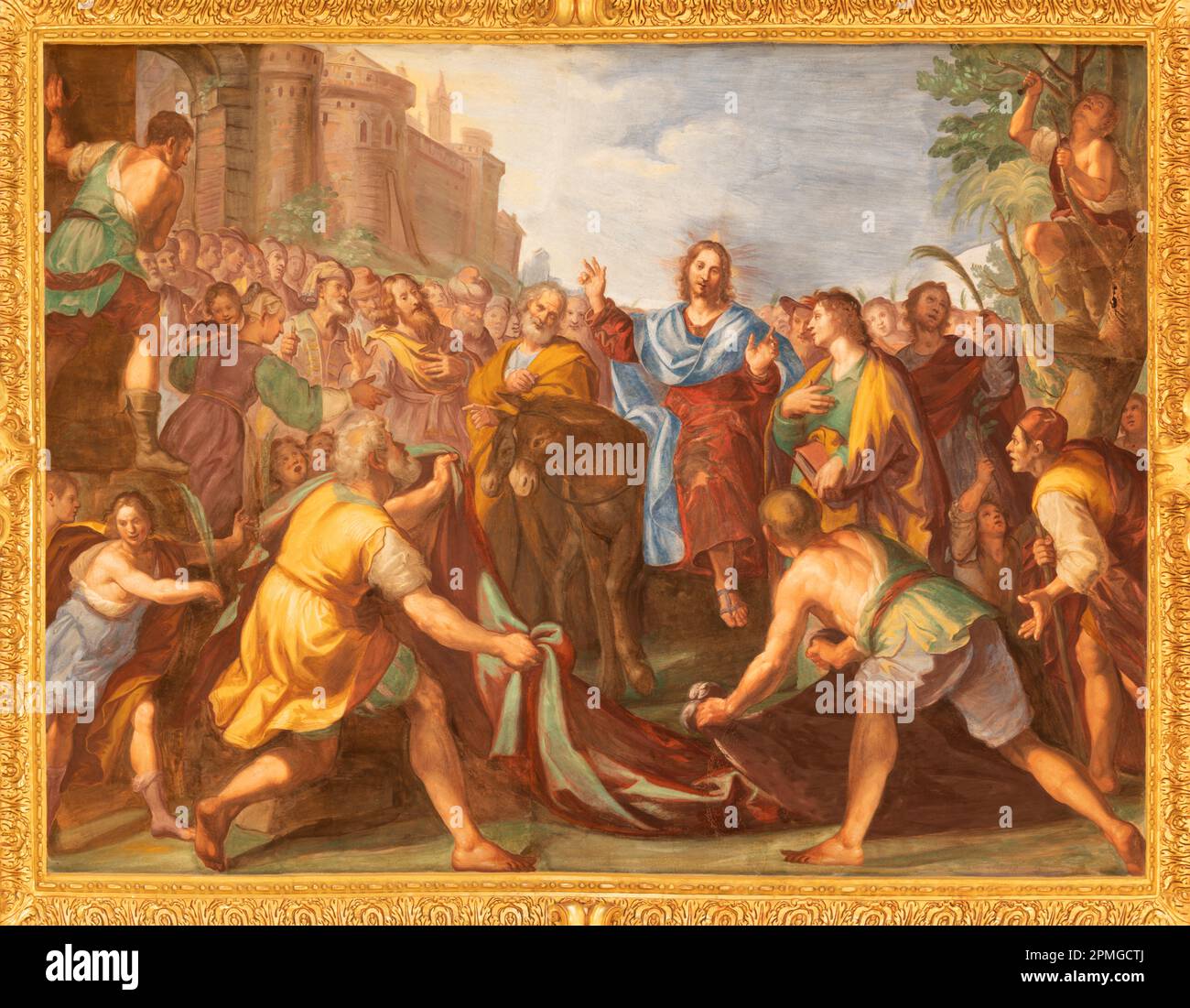 GENOVA, ITALIE - 6 MARS 2023: La fresque d'entrée de Jésus à Jérusalem - (dimanche des palmiers) dans l'église Basilique della Santissima Annunziata del Vastato. Banque D'Images