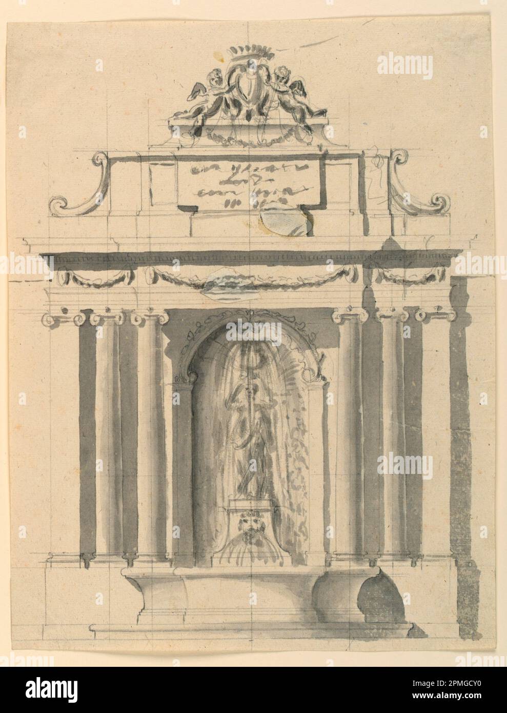 Dessin, Fontaine murale; architecte: Giuseppe Valadier (italien, 1762–1839); Italie; graphite, pinceau et lavage gris sur papier peint; 33,5 x 25,9 cm (13 3/16 x 10 3/16 po.) Tapis : 45,7 x 35,6 cm (18 x 14 po) Banque D'Images