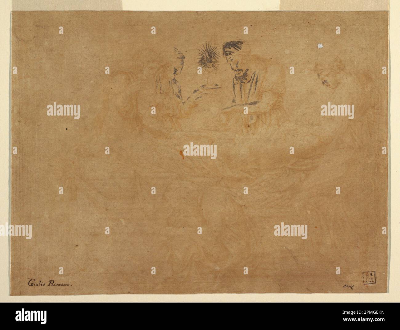 Dessin, The Entombment; d'après Giulio Romano (italien, 1499–1546); Italie; stylo et encre, brosse et sépia, accentuation blanche sur papier; 20 x 26,9 cm (7 7/8 x 10 9/16 po.) Banque D'Images