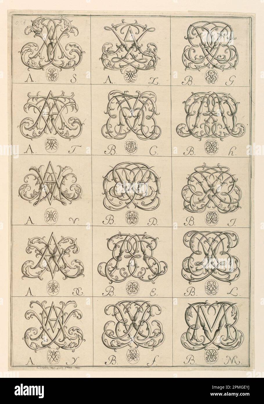 Imprimé, gravure: Monogrammes de deux lettres; conçu par Nicolas Langlois; France; encre noire sur papier blanc; Platemark: 31,1 x 21,1 cm (12 1/4 x 8 5/16 po) Feuille : 31,3 x 21,6 cm (12 5/16 x 8 1/2 po) Banque D'Images