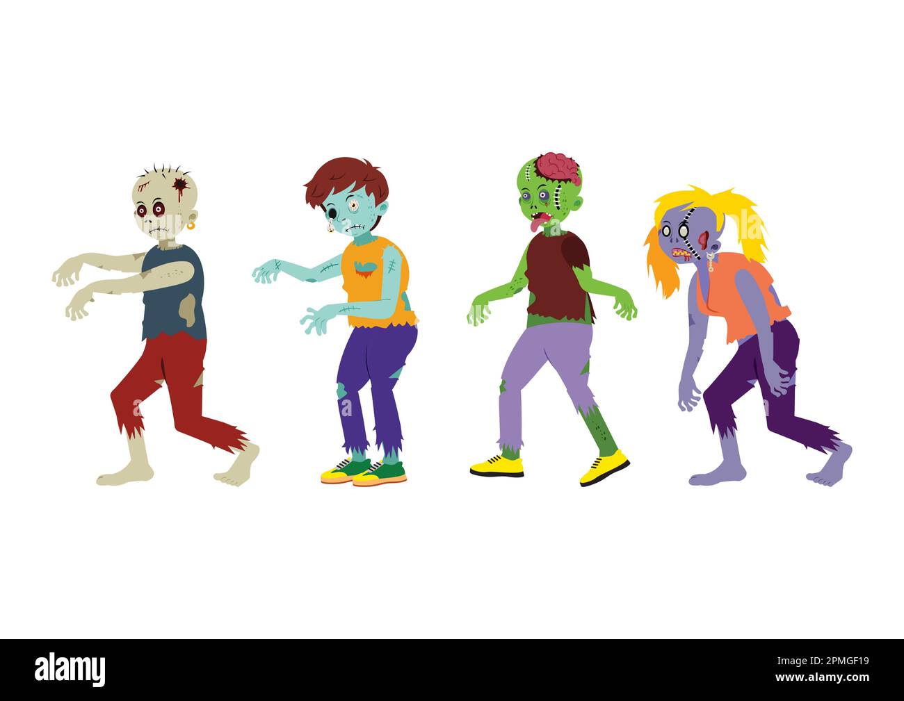 Différents personnages de l'illustration des zombies. Dessins animés zombies effrayants isolés sur fond blanc Illustration de Vecteur