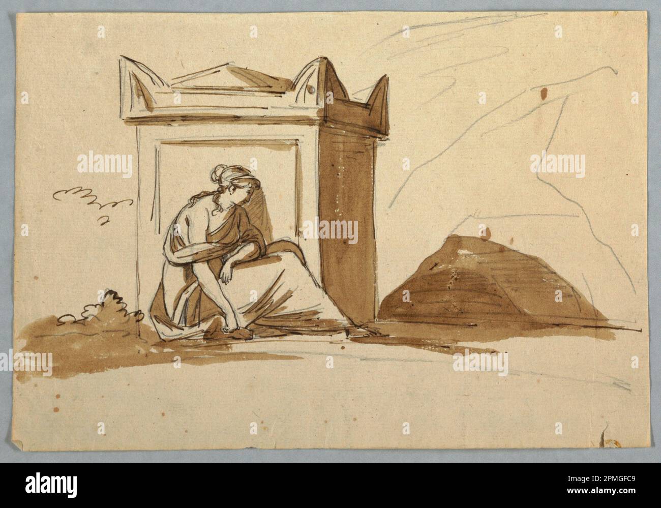 Dessin, esquisse: Une femme assise devant un sarcophage antique; Italie; crayon, stylo et bistre sur papier Banque D'Images