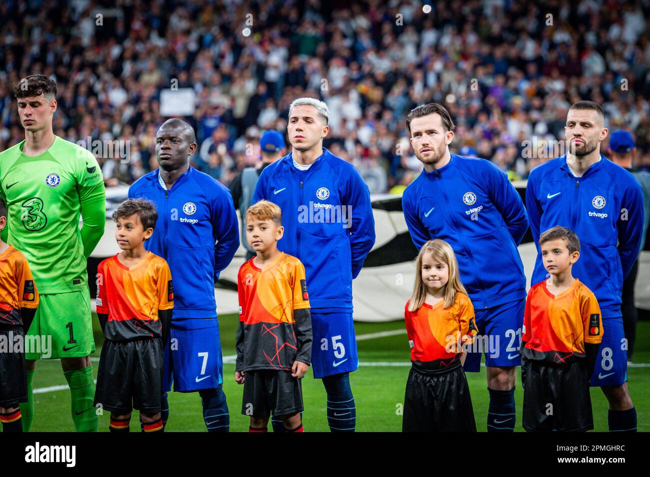 Madrid, Madrid, Espagne. 12th avril 2023. Kepa Arrizabalaga (Chelsea), n'Golo KantÅ½ (Chelsea), Enzo Fern''ndez (Chelsea), Ben Chilwell (Chelsea), Mateo Kovacic (Chelsea) pendant le match de football entre Real Madrid et Chelsea, valable pour la première partie de la finale de la Ligue de l'UEFA ChampionÃs célébrée à Madrid, en Espagne, au stade Bernabeu, le mardi 12 mars 2023 (Credit image: © Alberto Gardin/ZUMA Press Wire) USAGE ÉDITORIAL SEULEMENT! Non destiné À un usage commercial ! Banque D'Images