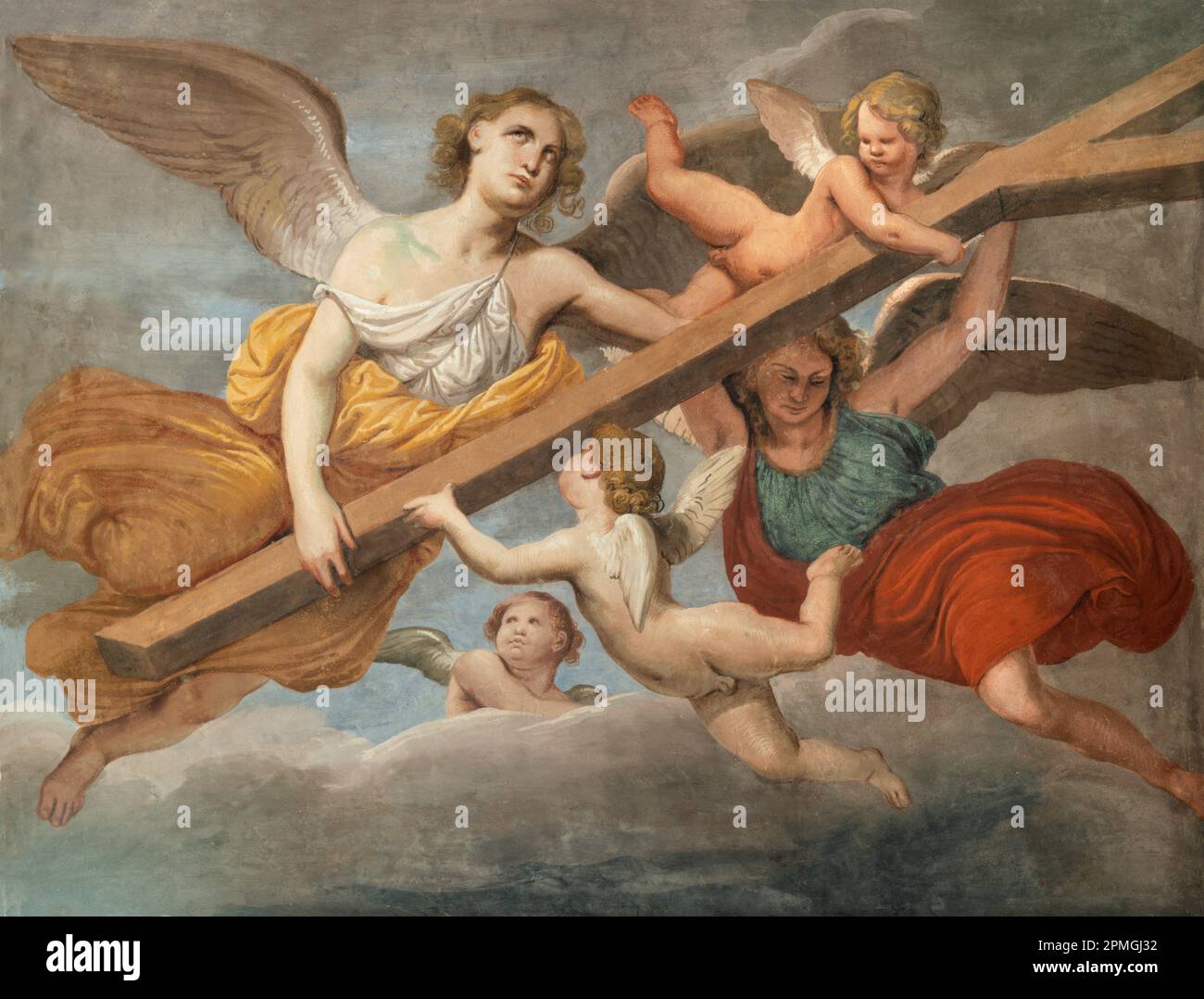 GENOVA, ITALIE - 8 MARS 2023 : la fresque des anges avec la croix dans l'église Basilique della Santissima Annunziata del Vastato. Banque D'Images