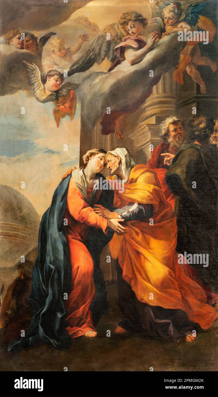 GENOVA, ITALIE - 8 MARS 2023 : la peinture de la visite dans l'église Basilique della Santissima Annunziata del Vastato par Andrea Carlone. Banque D'Images