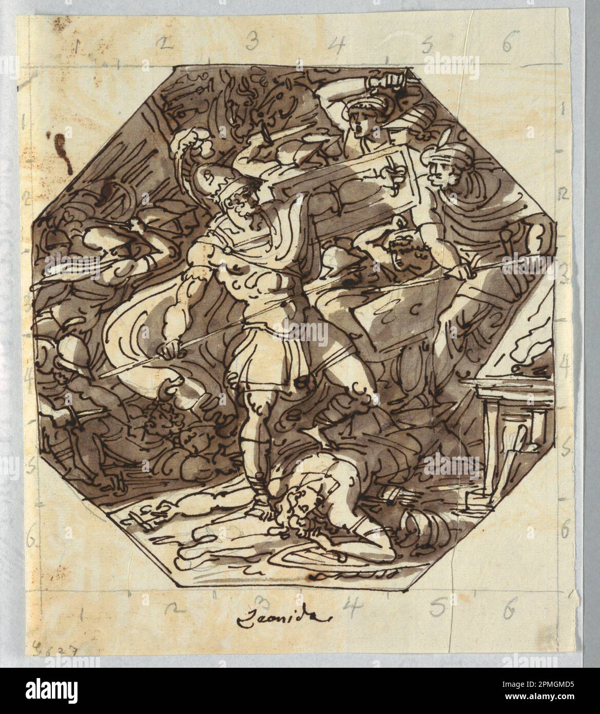 Dessin, Leonidas; conçu par Felice Giani (italien, 1758–1823); Italie; stylo et encre brune, pinceau et lavage brun sur des traces de graphite sur papier crème; 18,4 x 21,3 cm (7 1/4 x 8 3/8 po) Banque D'Images