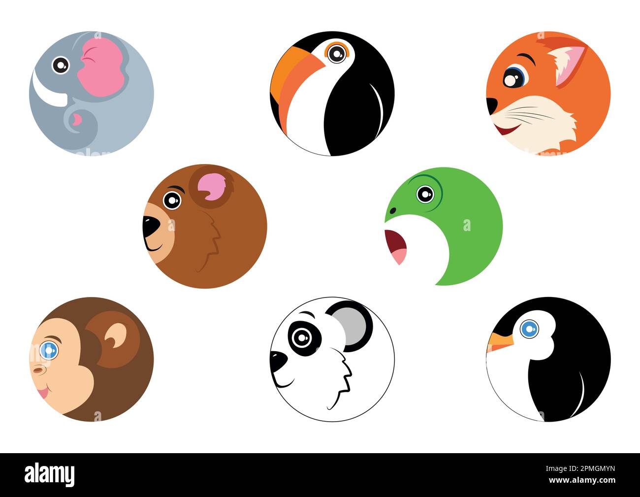 Ensemble d'animaux à icône ronde en mode plat. Singe, grenouille, renard, éléphant, pingouin, Porter Illustration de Vecteur