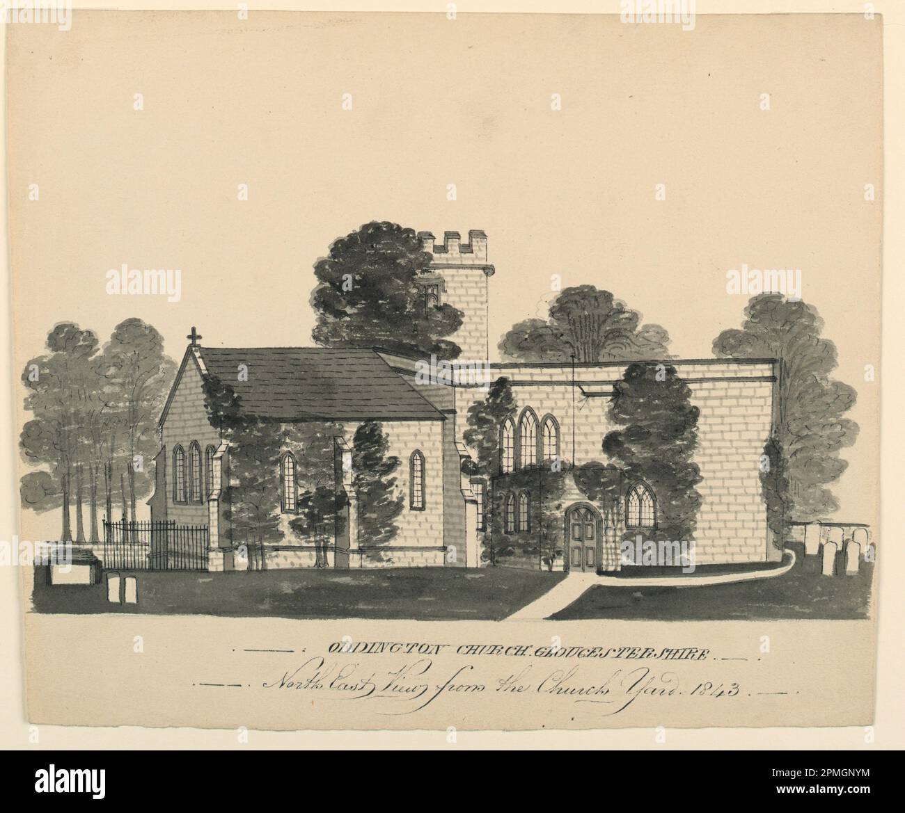 Drawing, Oddington Church Yard, Gloucestershire, North East View; Unknown (Anglais); Angleterre; stylo et encre noire; pinceau et lavage noir et gris; graphite sur papier vélin crème; 25,4 x 30,0 cm (10 x 11 13/16 po) Banque D'Images