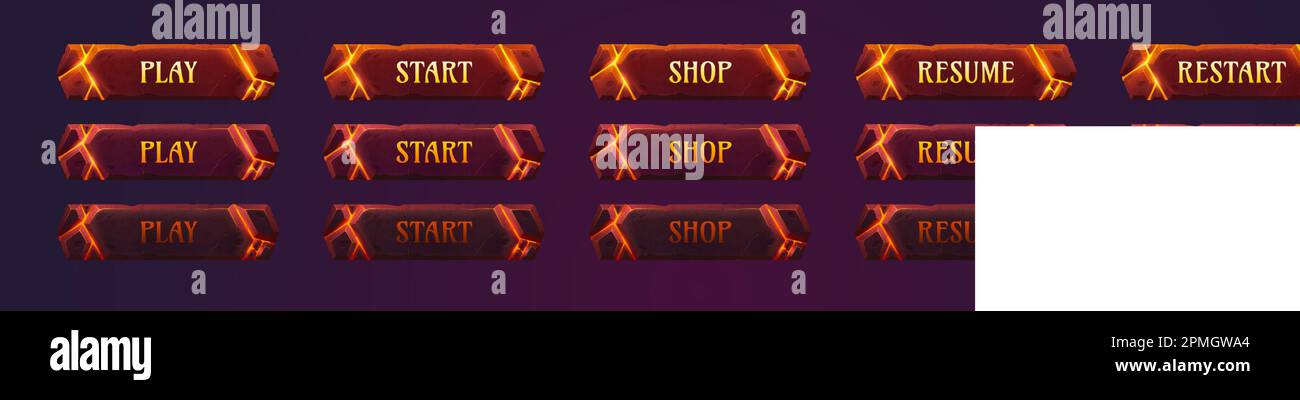 Jeu fantastique lave bouton vecteur bande dessinée interface utilisateur ensemble. Magic animation sprite glow éléments avec kit GUI titre. Affiche en incrustation médiévale pour jouer, démarrer, redémarrer et options cadre emballage d'étiquettes pressé. Illustration de Vecteur