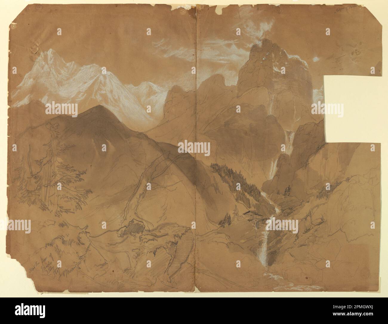 Dessin, près du col de Faido, Italie; Thomas Moran (américain, né Grande-Bretagne, 1837–1926); graphite, craie blanche, pinceau et lavage gris sur papier vélin brun froissé ; 47,6 x 61,6 cm (18 3/4 x 24 1/4 po) [irrégulier] Banque D'Images