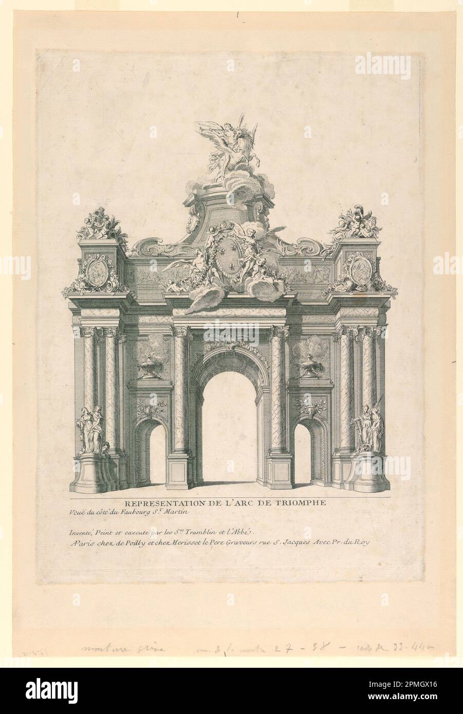 Imprimé, élévation d'une Arche Trumphale temporaire; conçu par Charles-André Tramblin (français, actif au milieu du 18th siècle); Imprimeur: Nicolas Jean Baptiste de Poilly (France, 1712 – ca. 1758); France; gravure avec parties gravées sur papier; 32 × 23,9 cm (12 5/8 × 9 7/16 po.) Banque D'Images