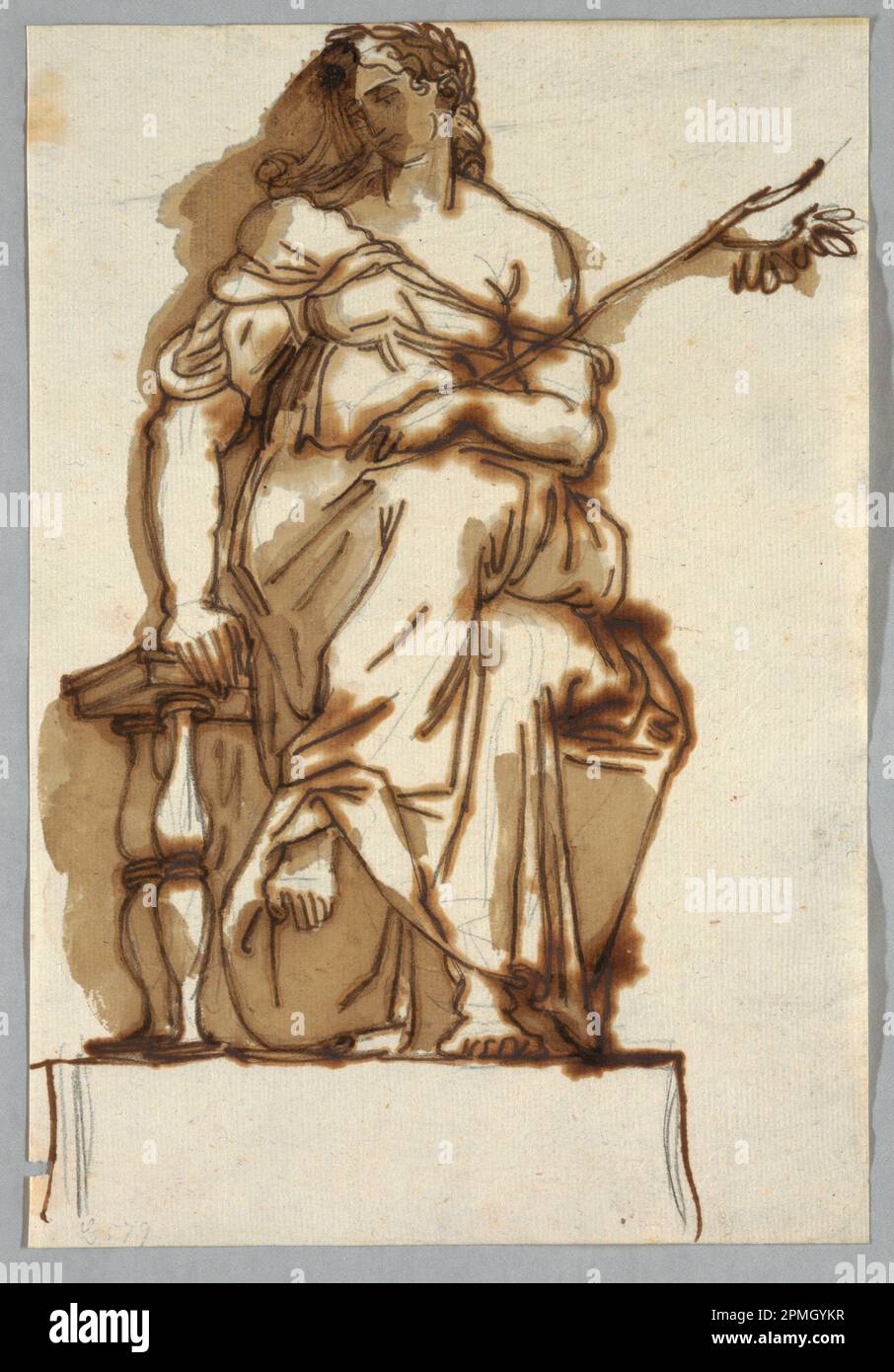 Dessin, étude après une statue antique d'une femme assise; conçu par Felice Giani (italien, 1758–1823); Italie; stylo et encre brune, pinceau et brun laver sur des traces de graphite sur du papier à la crème; 27,7 x 19 cm (10 7/8 x 7 1/2 po) Banque D'Images