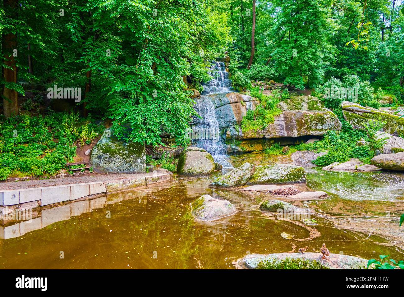 La Vallée des géants avec chute d'eau Great Falls, parc Sofiyivsky, Uman, Ukraine Banque D'Images