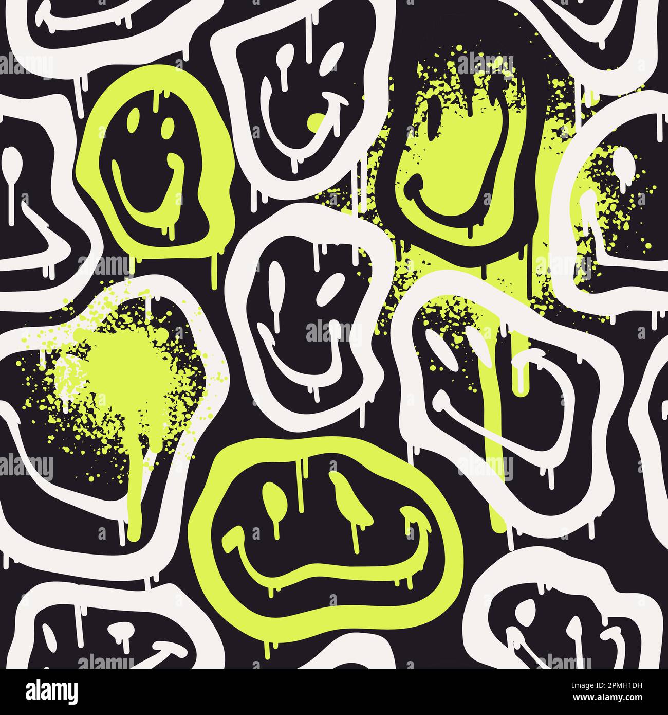 Sourire éclatant motif sans couture dans le style urbain art de rue sur fond noir. Motif graphique unisexe souterrain pour tee-shirts. Four à micro-ondes Hipster de style 90s. Arrière-plan psychédélique rave. Couleurs néon. Illustration de Vecteur
