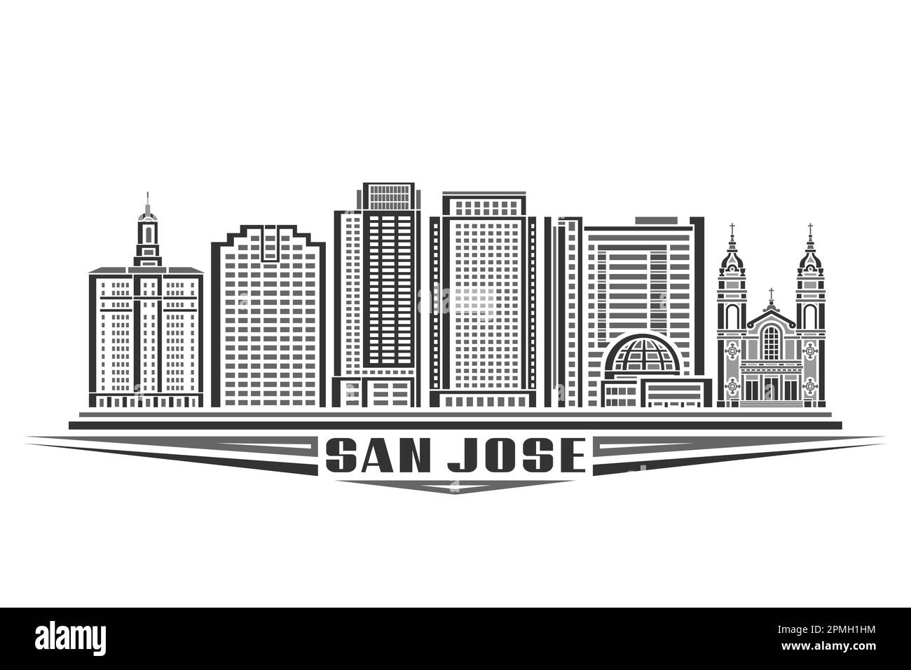Illustration vectorielle de San Jose, carte monochrome avec design linéaire célèbre paysage de ville californienne, concept d'art urbain américain avec décoration Illustration de Vecteur