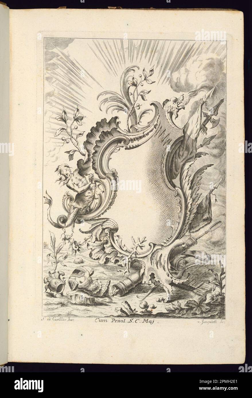 Impression liée, cartouche avec Dragon; conçue par François de Cuvilliés The Elder (belge, active Allemagne, 1695 - 1768); Imprimeur: Franz Xaver Jungwierth (allemand, 1720–1790); Allemagne; gravure et gravure sur papier couché; 34,4 x 22,9 cm (13 9/16 x 9 po.) Banque D'Images