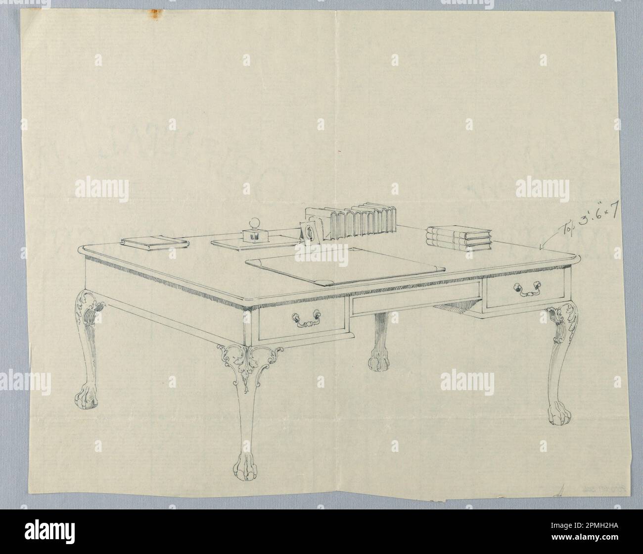 Dessin, conception pour une grande table d'écriture rectangulaire avec pieds Lion-Paw et livres en haut ; conçu par A.N. Davenport Co.; graphite sur papier crème mince; 21,6 x 27,0 cm (8 1/2 x 10 5/8 po) Banque D'Images