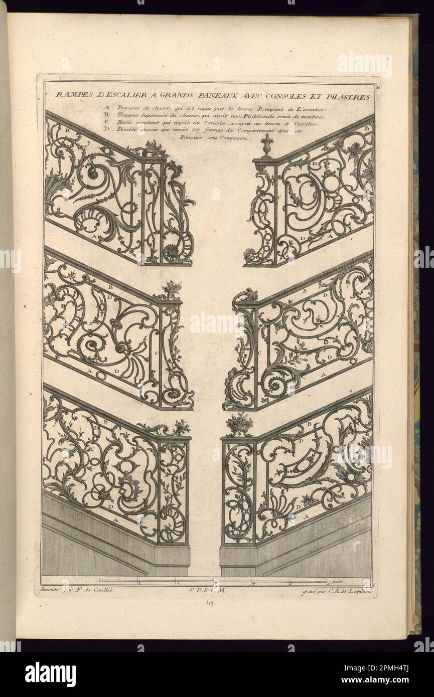 Print, Rampes d'Escalier a Grands Paneaux avec consoles et Pilastres; conçu par François de Cuvilliés l'ancien (belge, active Allemagne, 1695 - 1768); gravé par Karl Albert von Lespilliez (1723–1796); publié par Nicolas Jean Baptiste de Poilly (France, 1712 – ca. 1758); Allemagne; gravure et gravure sur papier blanc cassé; Marque de plateau: 36,9 x 24,3 cm (14 1/2 x 9 9/16 po.) Feuille : 44 x 28,6 cm (17 5/16 x 11 1/4 po) Banque D'Images