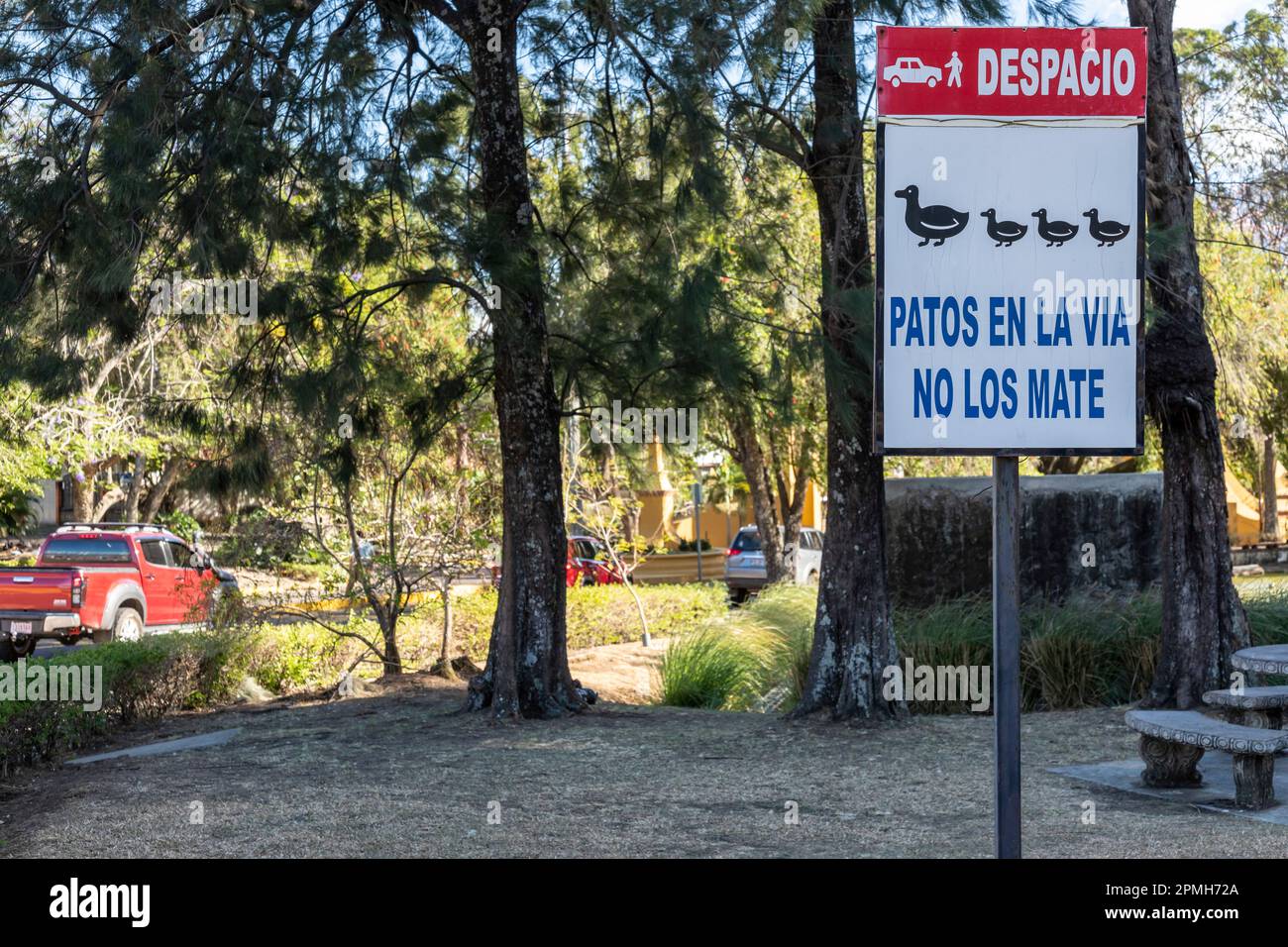 San Jose, Costa Rica - Un panneau à Los Arcos communauté fermée dans la banlieue de San José avertit les conducteurs de ralentir et de ne pas tuer les canards sur la route. Banque D'Images