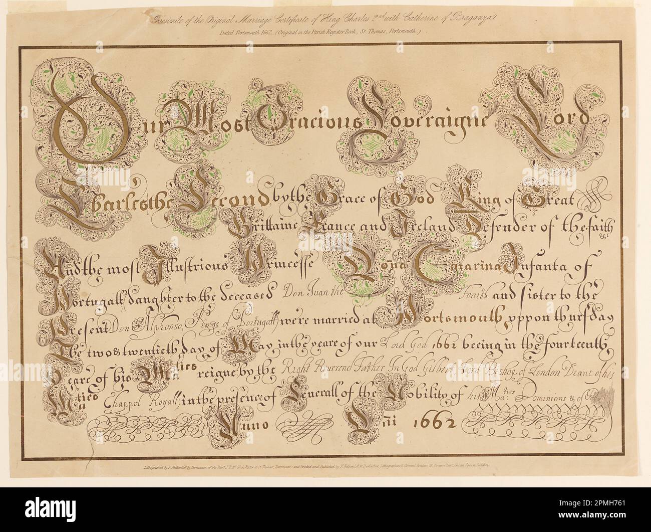 Imprimé, télécopie du certificat de mariage original de Charles II et Catherine du Portugal; lithographie sur papier Banque D'Images