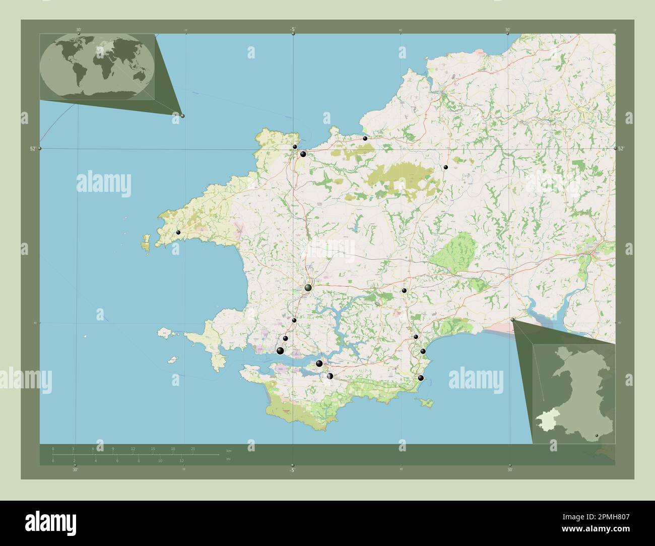 Pembrokeshire, région du pays de Galles - Grande-Bretagne. Ouvrez la carte des rues. Lieux des principales villes de la région. Cartes d'emplacement auxiliaire d'angle Banque D'Images