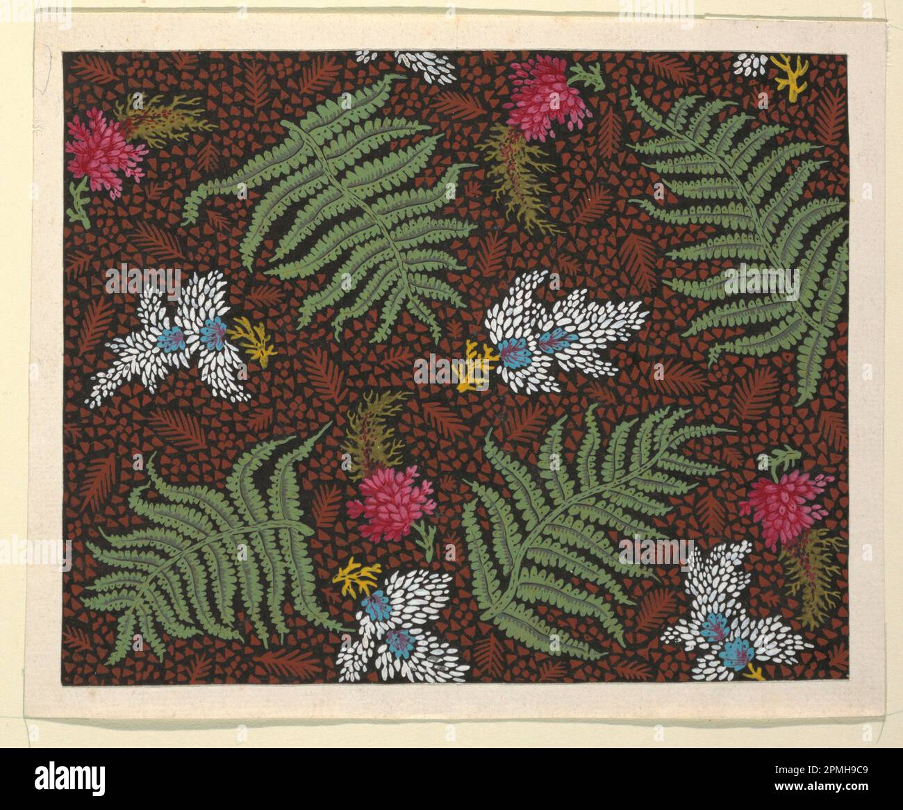 Dessin floral pour les textiles imprimés; conçu par Louis-Albert DuBois (Suisse, 1752–1818); fabriqué par fabrique de Fazy aux Bergues; France; pinceau et gouache, graphite sur papier vélin blanc; feuille: 18 x 22 cm (7 1/16 x 8 11/16 po) image: 16 x 20,3 cm (6 5/16 po x 8 po) Banque D'Images