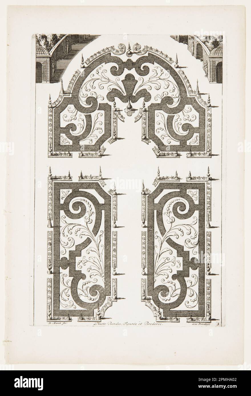 Print, Plaete Bendes, Figurez et Broderée, à Nouveaux Livre de parterres contentant 24 pensséz diferantes (Nouveau livre contenant 24 variantes différentes pour les lits de jardin); conçu par Daniel Marot (français, actif aux pays-Bas et en Angleterre, 1661–1752); pays-Bas; gravure et gravure sur papier blanc couchée; Sheet: 35 x 23,5 cm (13 3/4 x 9 1/4 po) Marq. Plateau : 28,7 x 19,5 cm (11 5/16 x 7 11/16 po.) Banque D'Images