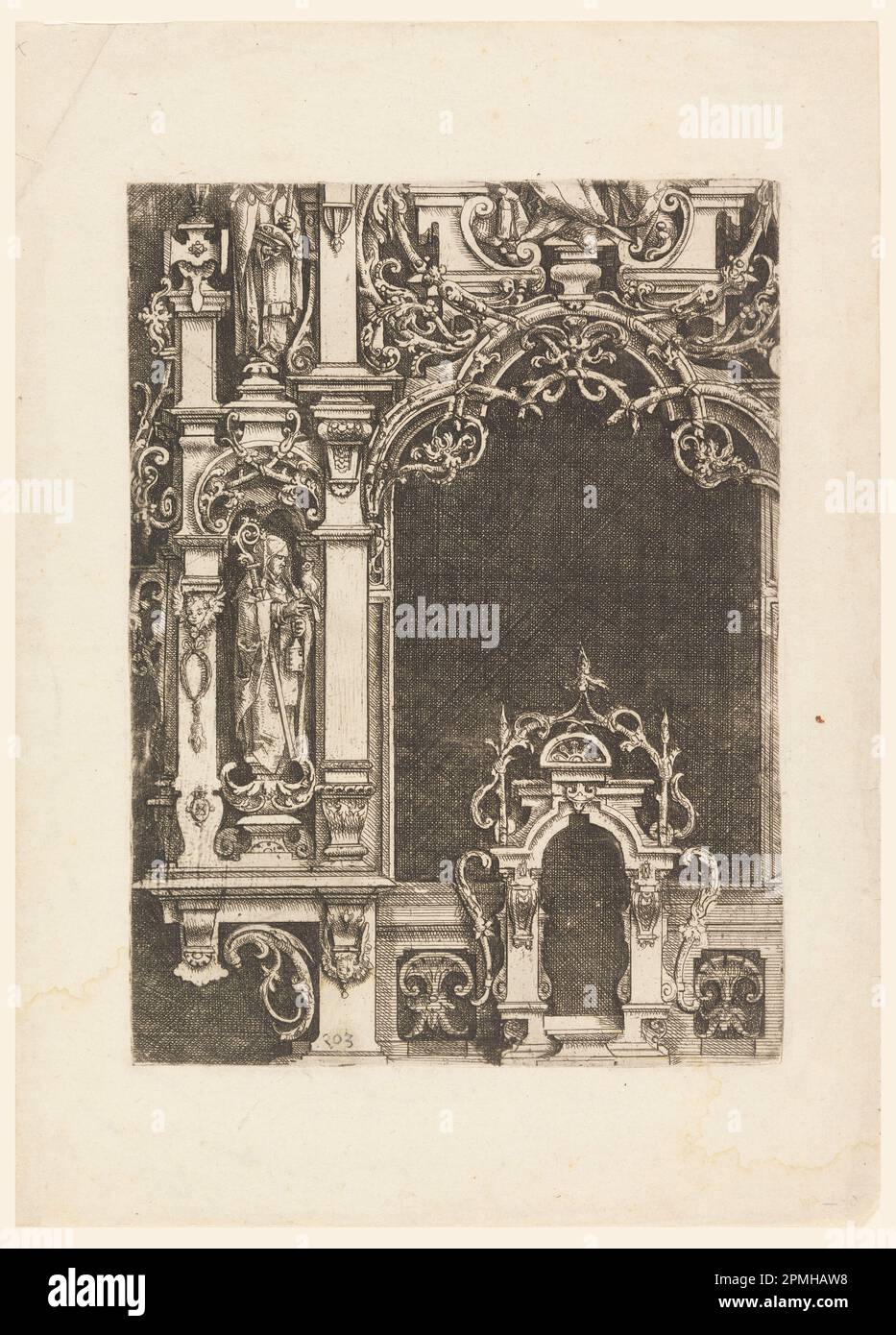 Imprimé, élévation d'une partie d'un autel remis en place, de 'Architectura und Ausztheilung der V Seulen'; Wendel Dietterlinn The Elder (1551 – 1599); Allemagne; gravure sur papier blanc posé ; 34 x 24,4 cm (13 3/8 x 9 5/8 po.) Motif de répétition : 24,7 x 18,2 cm (9 3/4 x 7 3/16 po) Tapis : 45,7 x 35,6 cm (18 x 14 po) Banque D'Images