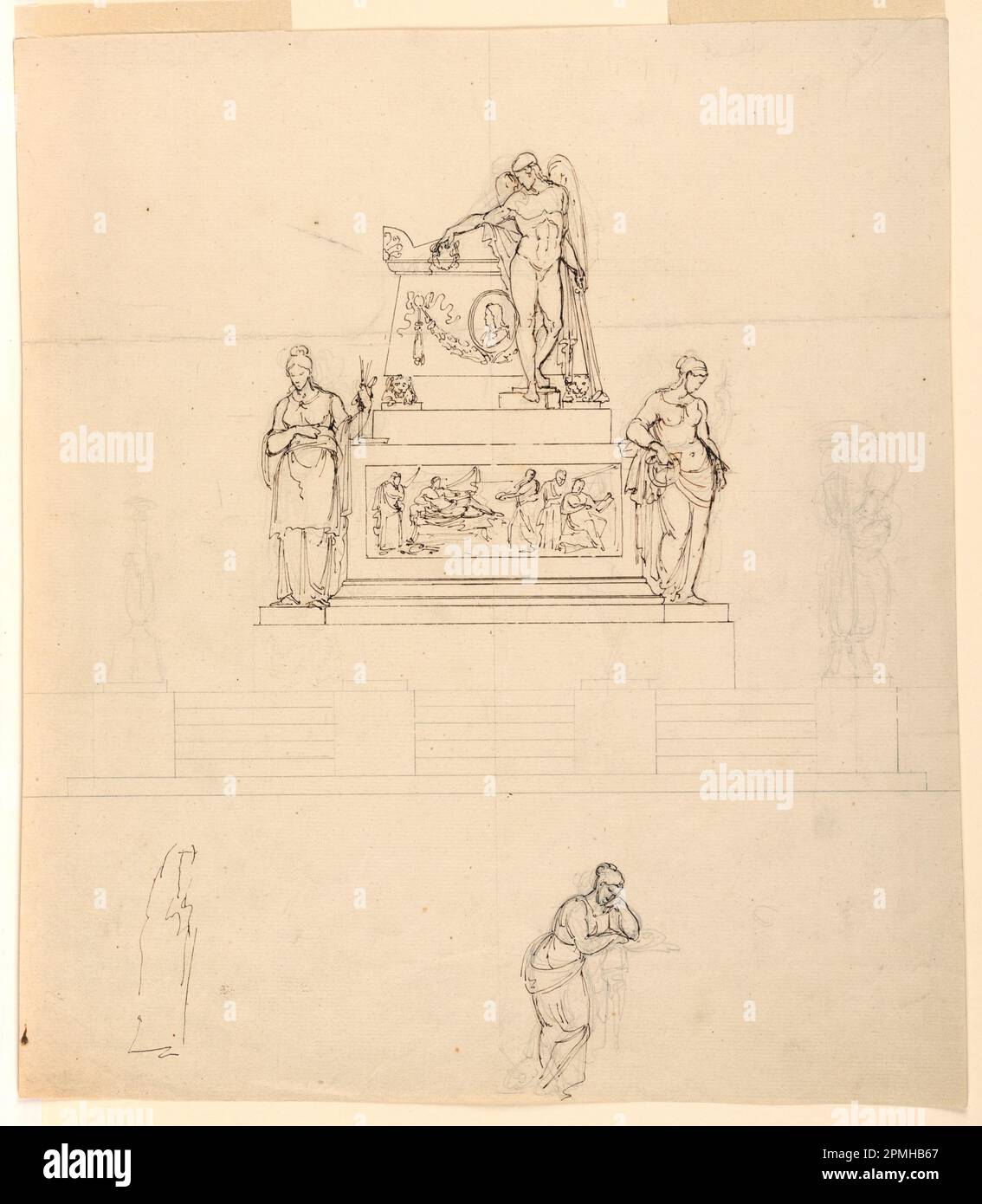 Dessin, études pour un monument sépulchral, éventuellement commandé par le roi Jean II du Portugal-Brésil (1815-1826); réalisé par Camillo Gajani (italien); Italie; graphite, stylo et encre brune sur papier; 38,9 x 33,4 cm (15 5/16 x 13 1/8 po) Banque D'Images