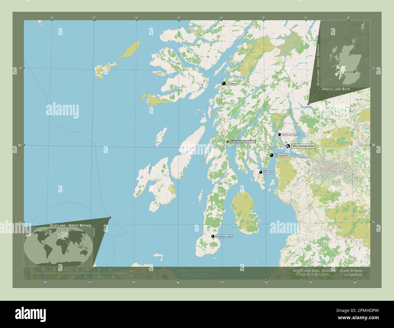 Argyll et Bute, région d'Écosse - Grande-Bretagne. Ouvrez la carte des rues. Lieux et noms des principales villes de la région. Carte d'emplacement auxiliaire d'angle Banque D'Images